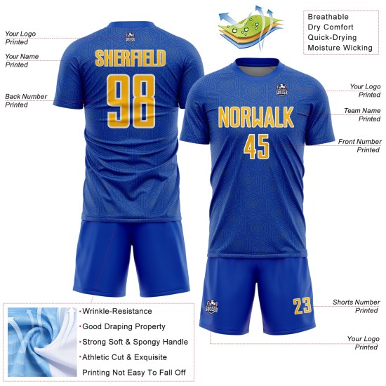Soccer Jersey Geometric Uniform Shape Sublimation Sports Blue Thunder Yellow-White Custom