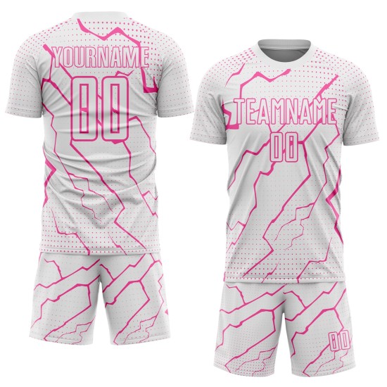 Custom Soccer White Uniform Jersey Sublimation Pink Lightning Sports