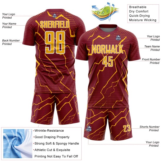 Gold-White Custom Sports Soccer Uniform Crimson Jersey Sublimation Lightning