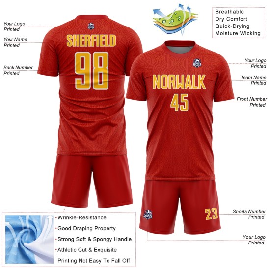 Sublimation Uniform Red Geometric Jersey Shape Soccer Gold-White Custom Sports