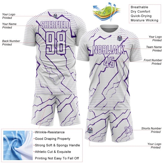 Uniform Sublimation White Purple Custom Sports Soccer Jersey Lightning