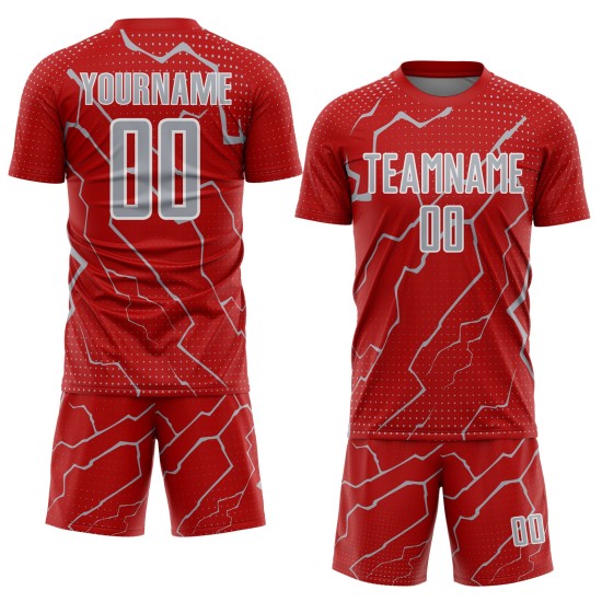 Lightning Soccer Sports Jersey Sublimation Gray-White Custom Red Uniform