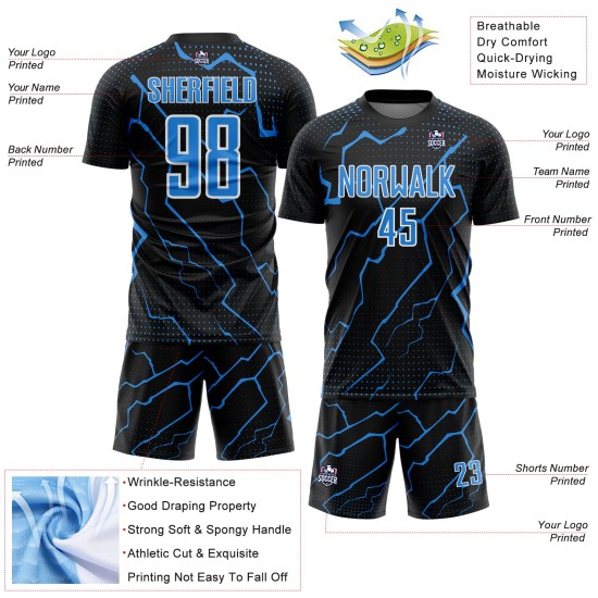 Sublimation Powder Custom Soccer Uniform Sports Lightning Blue-White Jersey Black